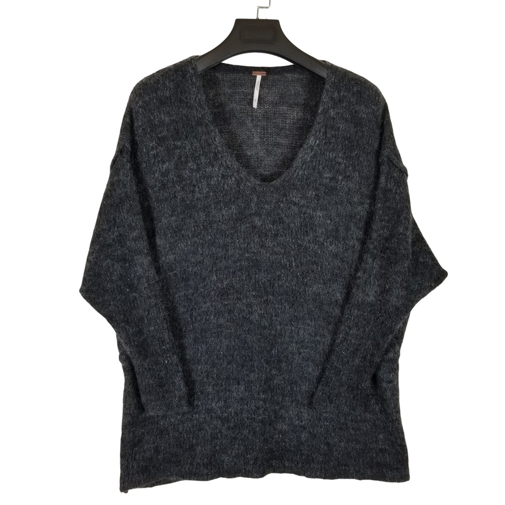 Free People Sweater Womens XS Charcoal Grey Alpaca Mohair Blend V-Neck Oversized